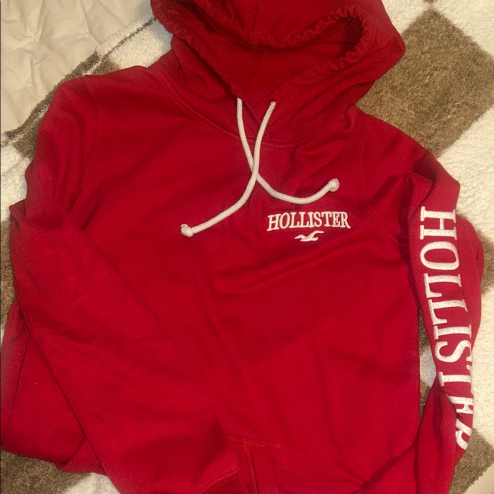 Hollister Red Hoodie with White Logo and Sleeve Text